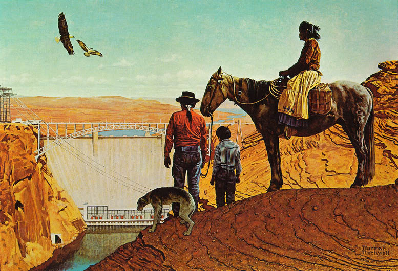 drawing of person on horse led by person and child with a dog overlooking canyon with a dam. A bald eagle and hawk are flying overhead.